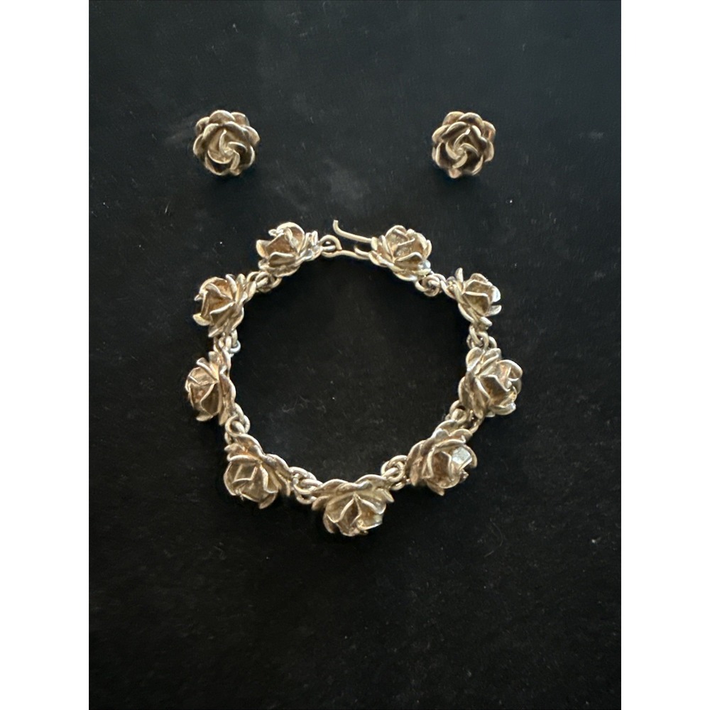 Vintage Sterling Silver 925 Taxco Mexico Rose Flowers Bracelet Earrings Set 18g